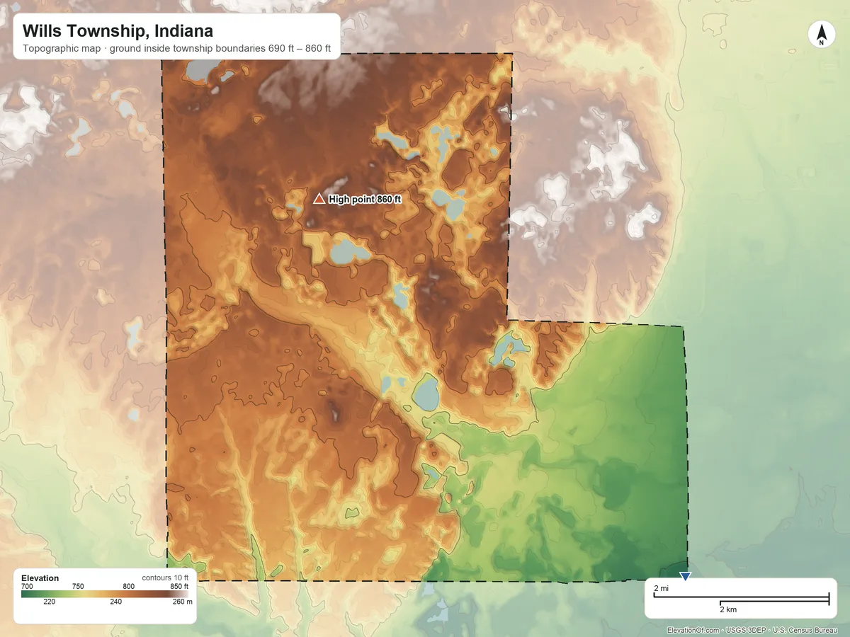 Topographic elevation map of Wills Township, Indiana, shaded from 690 ft on the southeast side to 860 ft on the north side