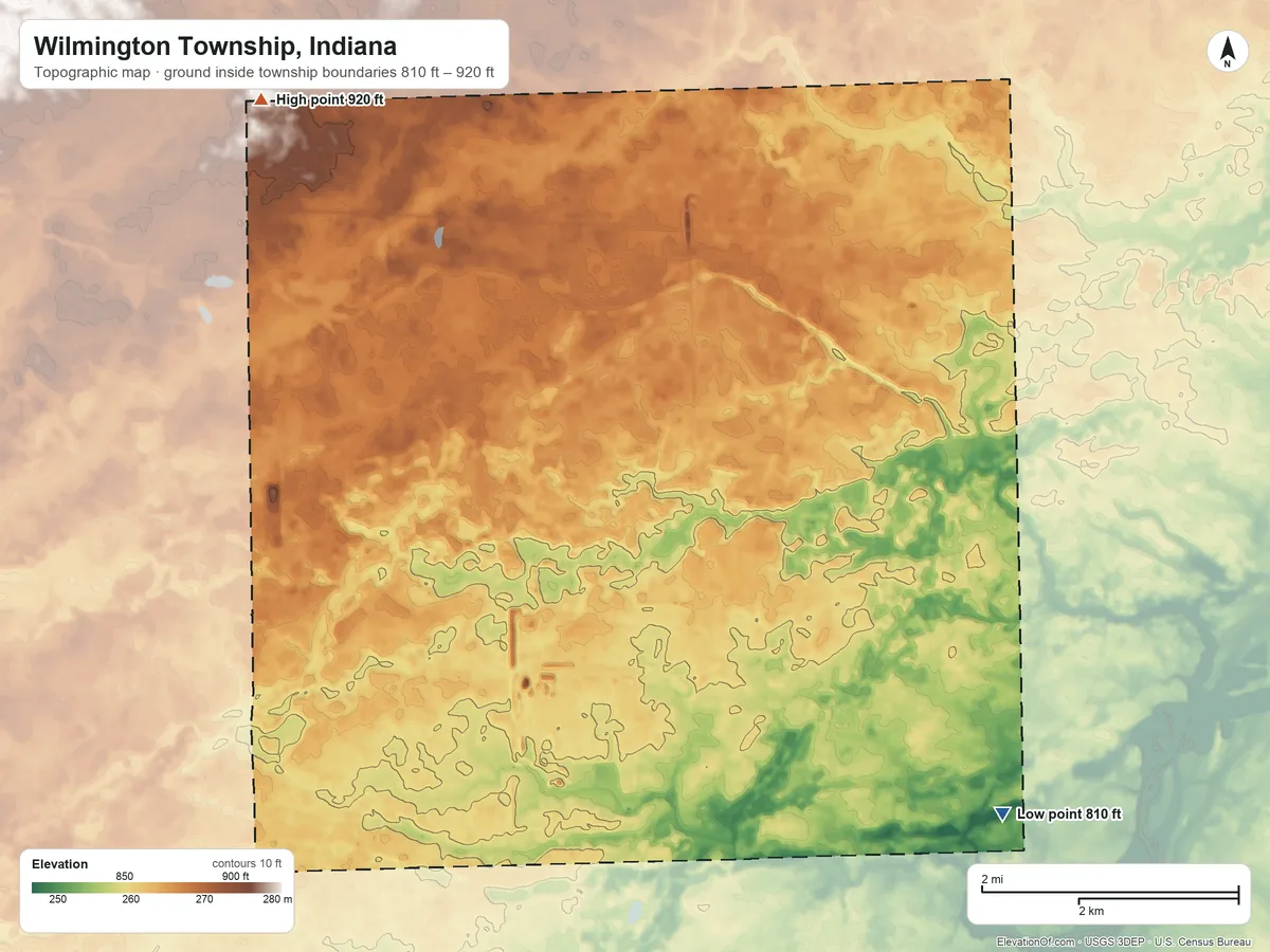 Topographic elevation map of Wilmington Township, Indiana, shaded from 810 ft on the southeast side to 920 ft on the west side
