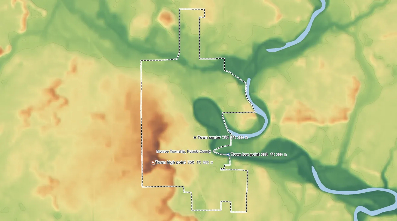 Topographic elevation map of Winamac, Indiana, shaded from 680 ft on the southeast side to 750 ft on the southwest side