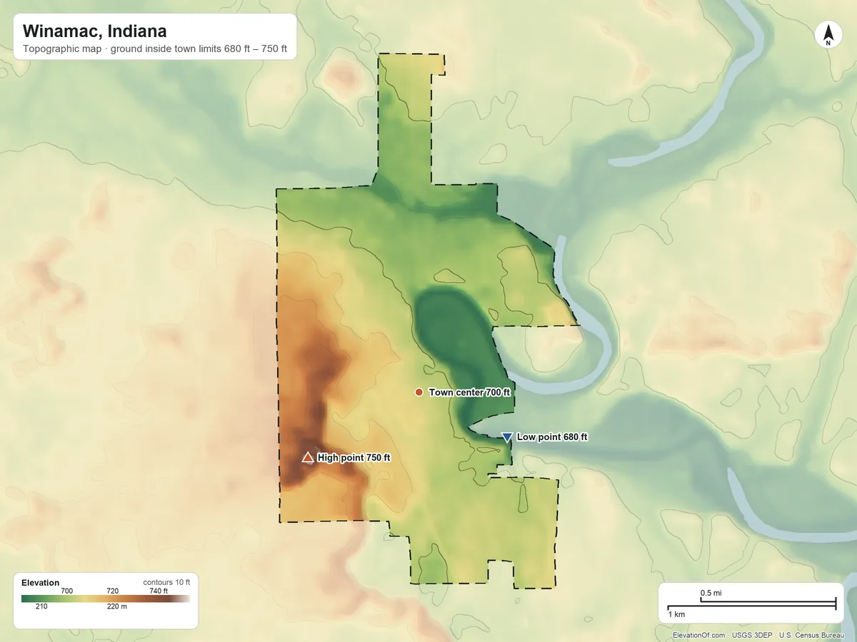 Topographic elevation map of Winamac, Indiana, shaded from 680 ft on the southeast side to 750 ft on the southwest side