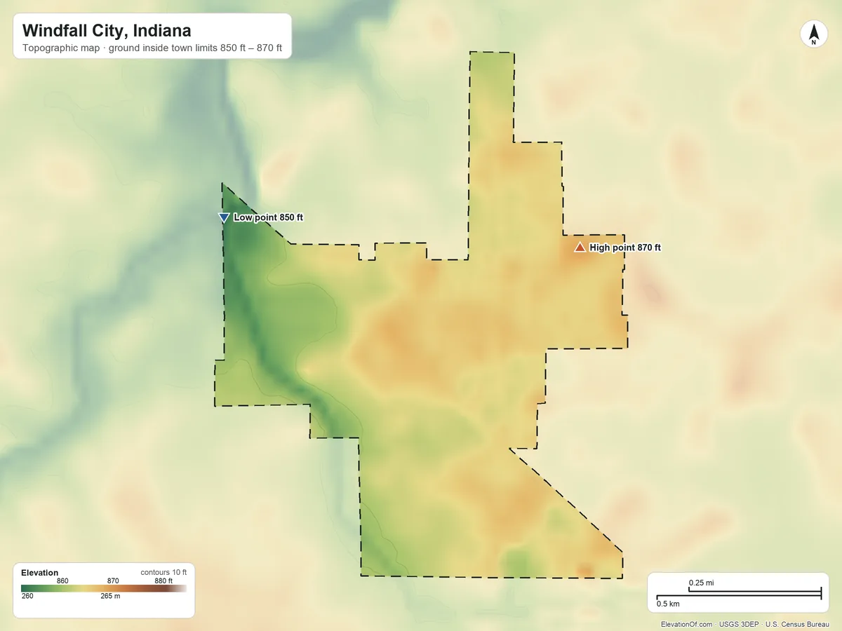 Topographic elevation map of Windfall City, Indiana, shaded from 850 ft on the northwest side to 870 ft on the northeast side
