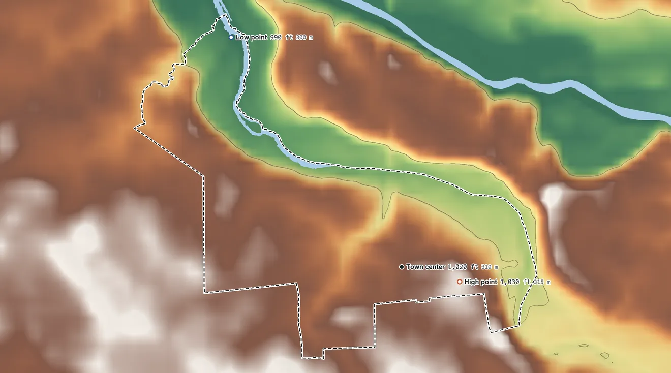 Topographic elevation map of Windsor, Indiana, shaded from 990 ft on the northwest side to 1,030 ft on the east side