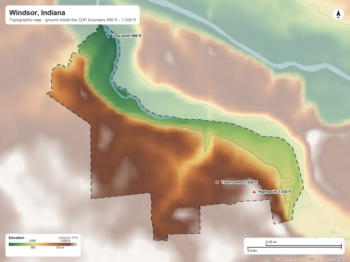 Topographic elevation map of Windsor, Indiana, shaded from 990 ft on the northwest side to 1,030 ft on the east side