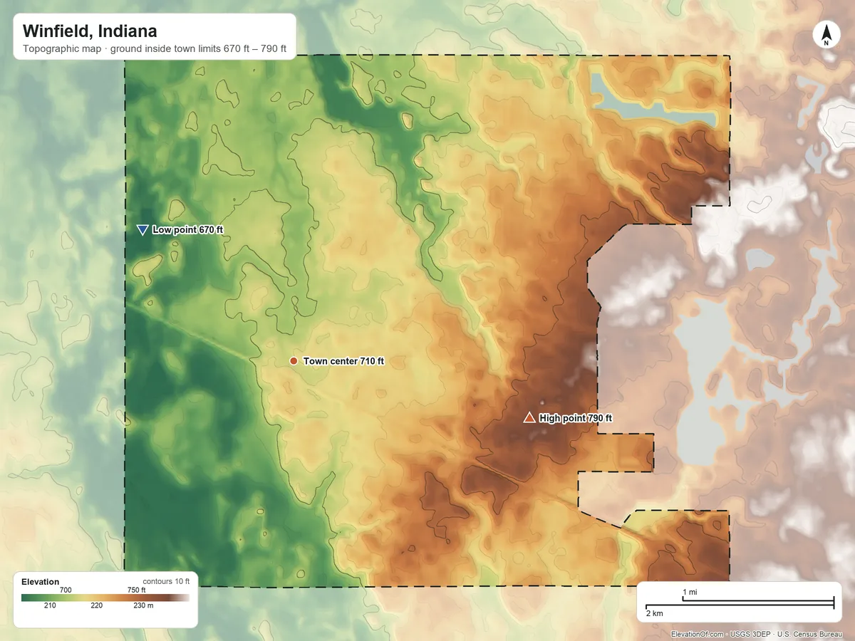 Topographic elevation map of Winfield, Indiana, shaded from 670 ft on the northwest side to 790 ft on the east side