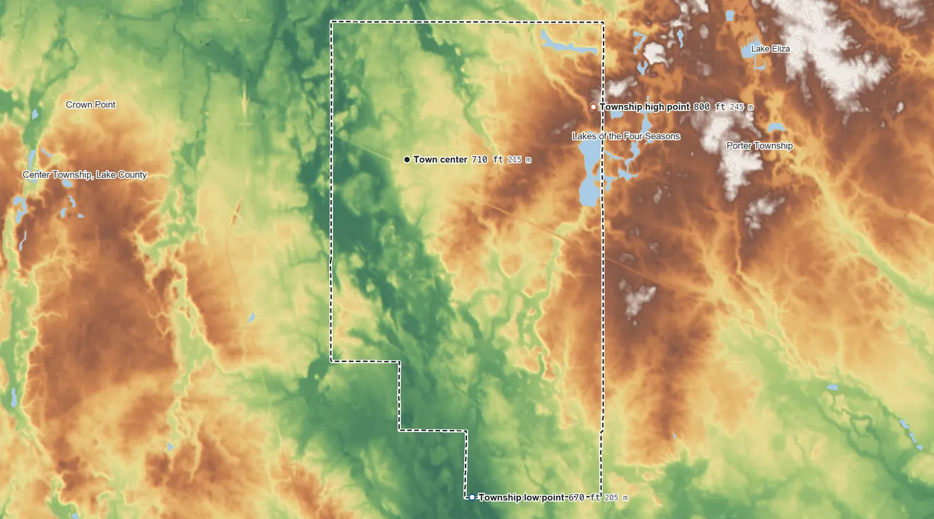 Topographic elevation map of Winfield Township, Indiana, shaded from 670 ft on the south side to 800 ft on the east side
