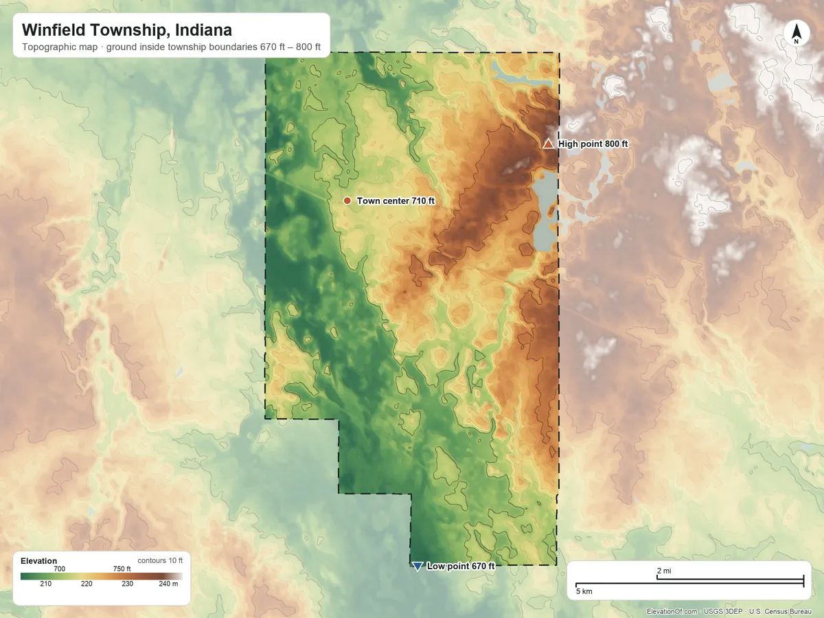 Topographic elevation map of Winfield Township, Indiana, shaded from 670 ft on the south side to 800 ft on the east side