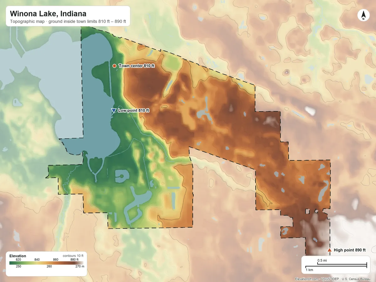 Topographic elevation map of Winona Lake, Indiana, shaded from 810 ft on the south side to 890 ft on the southeast side