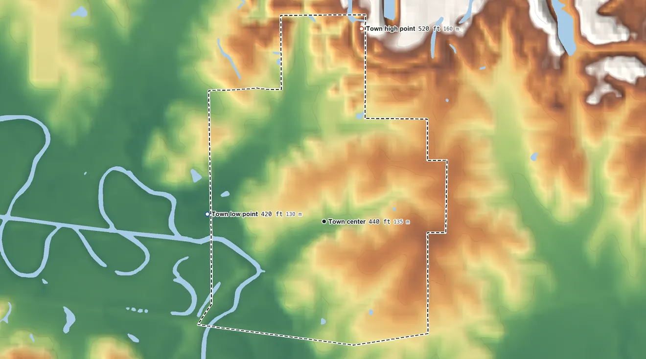 Topographic elevation map of Winslow, Indiana, shaded from 420 ft on the west side to 520 ft on the north side