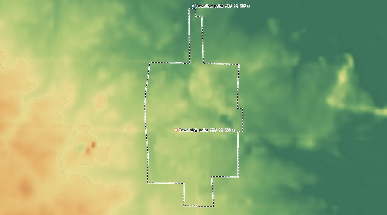 Topographic elevation map of Wolcott, Indiana, shaded from 710 ft on the north side to 720 ft near the middle