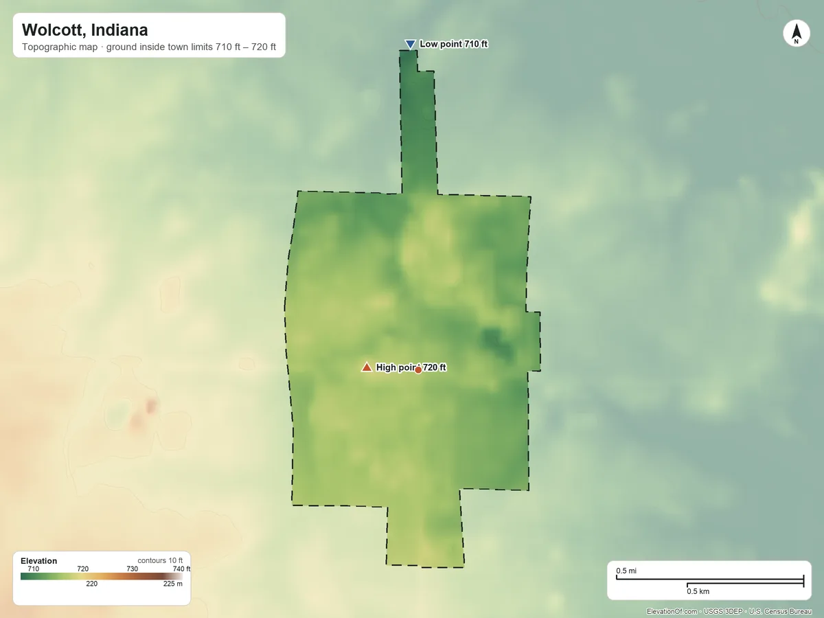 Topographic elevation map of Wolcott, Indiana, shaded from 710 ft on the north side to 720 ft near the middle