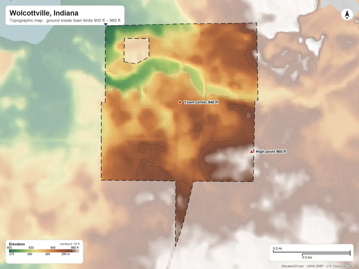 Topographic elevation map of Wolcottville, Indiana, shaded from 900 ft on the northwest side to 960 ft on the southeast side