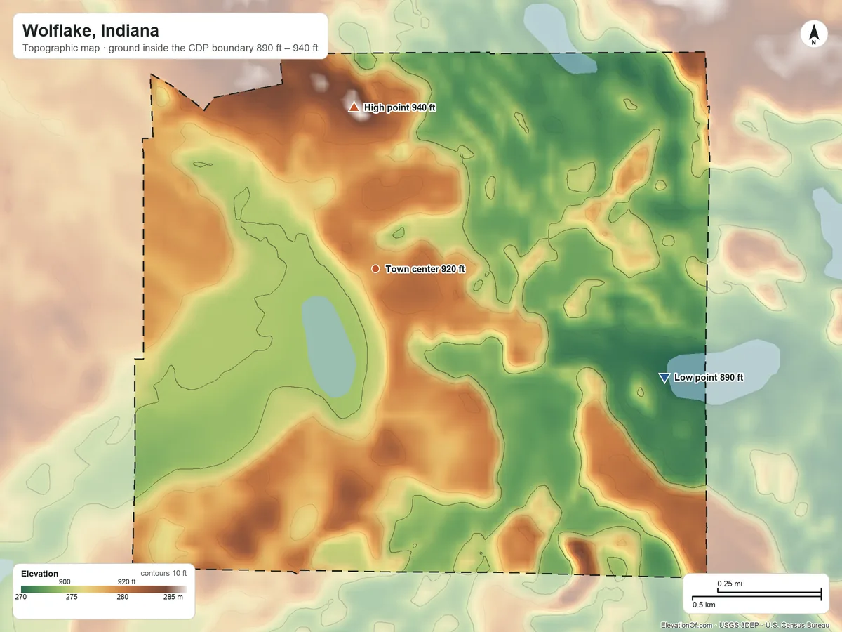 Topographic elevation map of Wolflake, Indiana, shaded from 890 ft on the east side to 940 ft on the north side