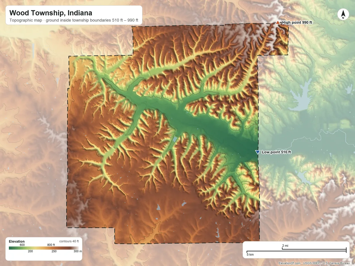 Topographic elevation map of Wood Township, Indiana, shaded from 510 ft on the east side to 990 ft on the northeast side