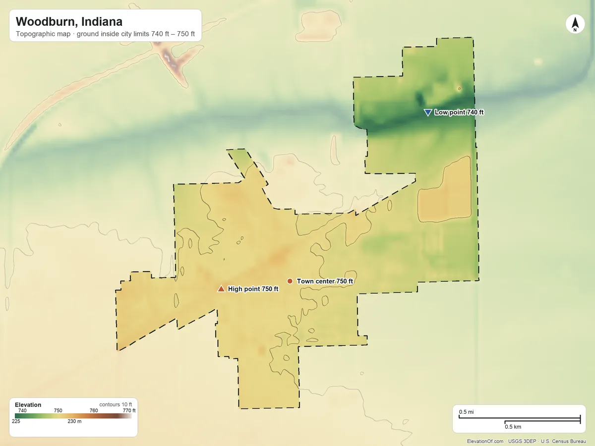 Topographic elevation map of Woodburn, Indiana, shaded from 740 ft on the northeast side to 750 ft on the west side