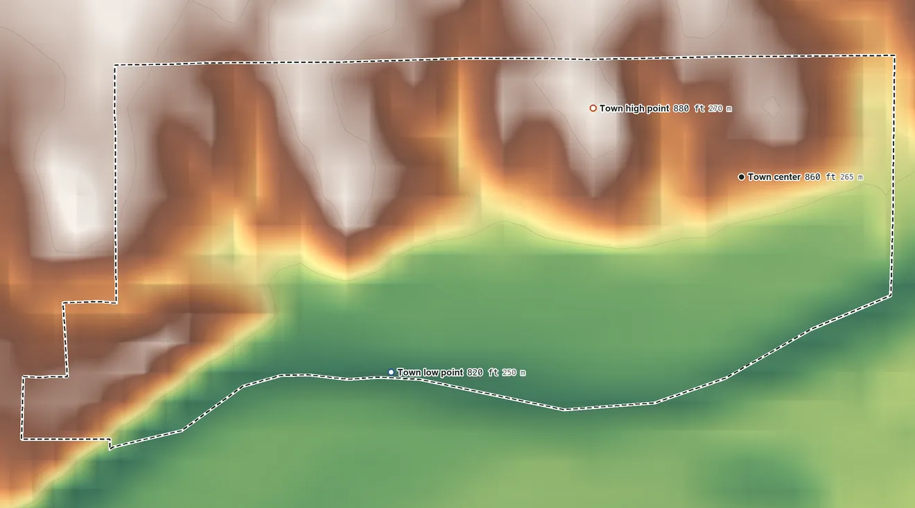 Topographic elevation map of Woodlawn Heights, Indiana, shaded from 820 ft on the southwest side to 880 ft on the northwest side