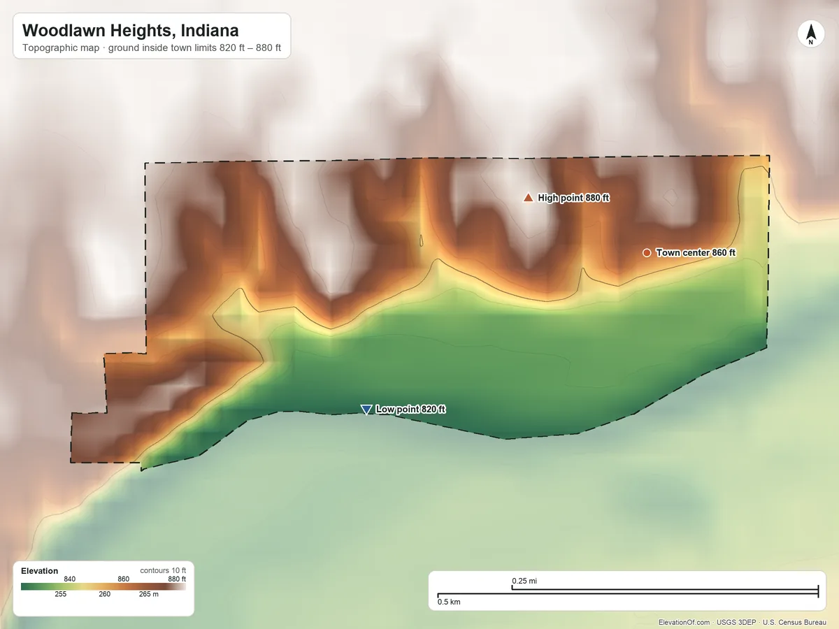 Topographic elevation map of Woodlawn Heights, Indiana, shaded from 820 ft on the southwest side to 880 ft on the northwest side