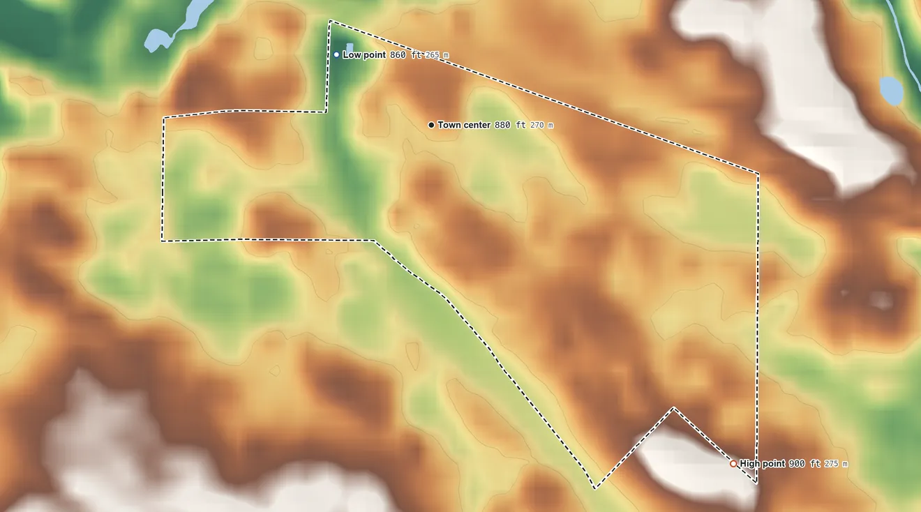 Topographic elevation map of Wooster, Indiana, shaded from 860 ft on the northwest side to 900 ft on the southeast side
