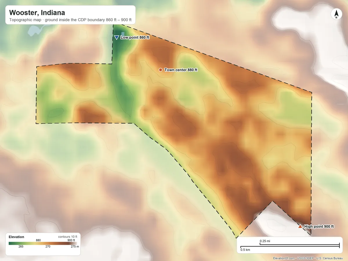 Topographic elevation map of Wooster, Indiana, shaded from 860 ft on the northwest side to 900 ft on the southeast side