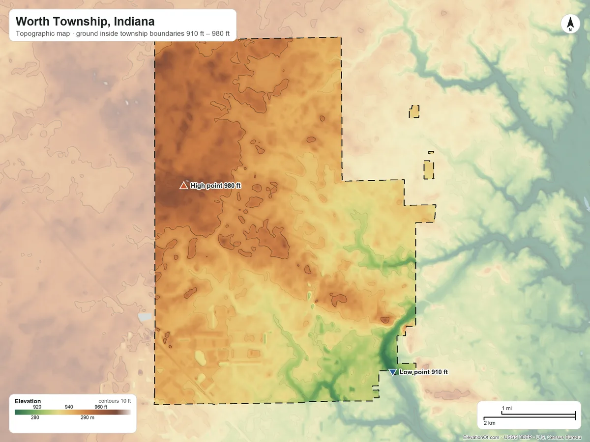 Topographic elevation map of Worth Township, Indiana, shaded from 910 ft on the southeast side to 980 ft on the northwest side