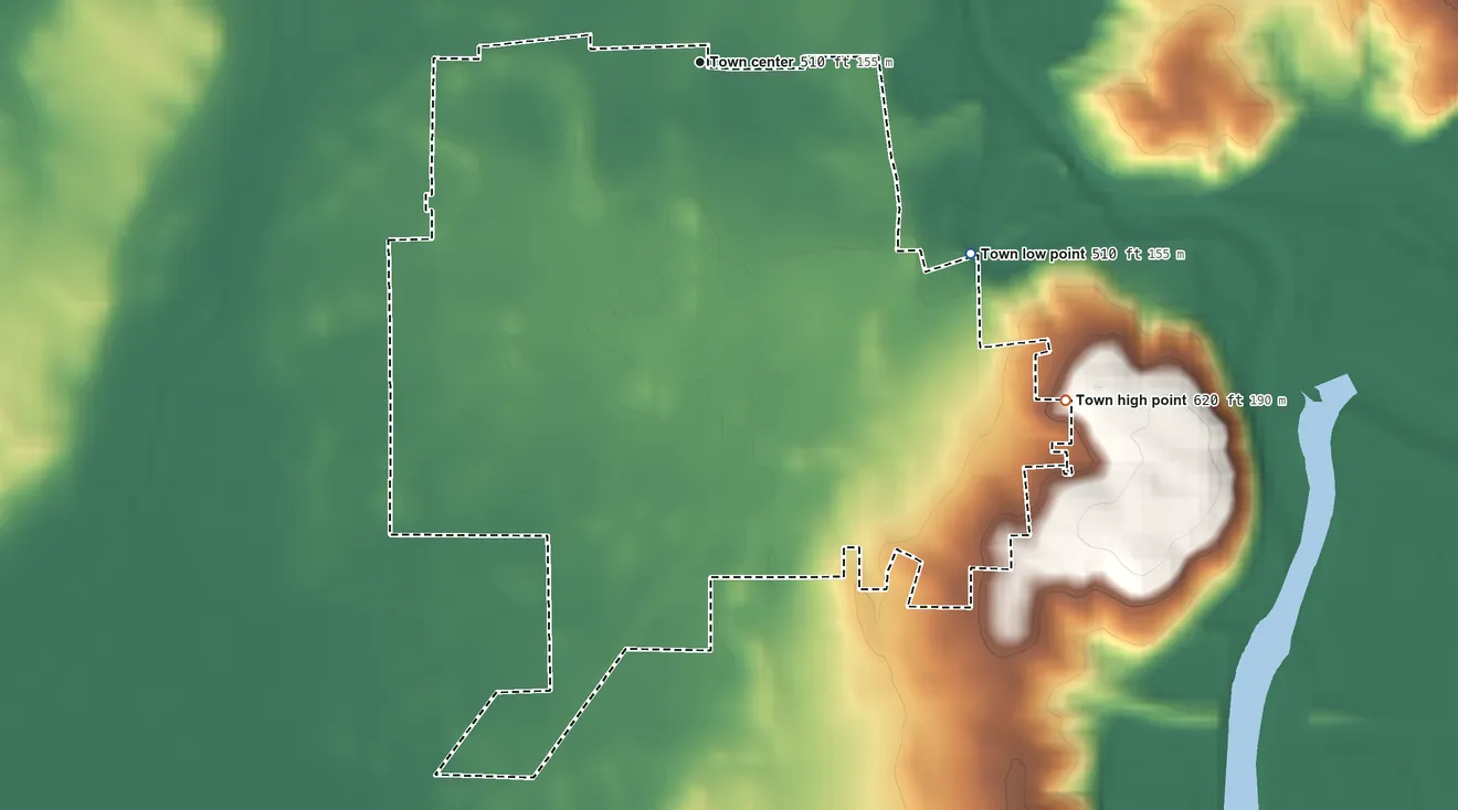 Topographic elevation map of Worthington, Indiana, shaded from 510 ft on the southeast side to 620 ft on the southeast side