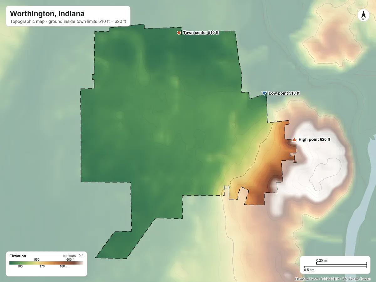 Topographic elevation map of Worthington, Indiana, shaded from 510 ft on the southeast side to 620 ft on the southeast side