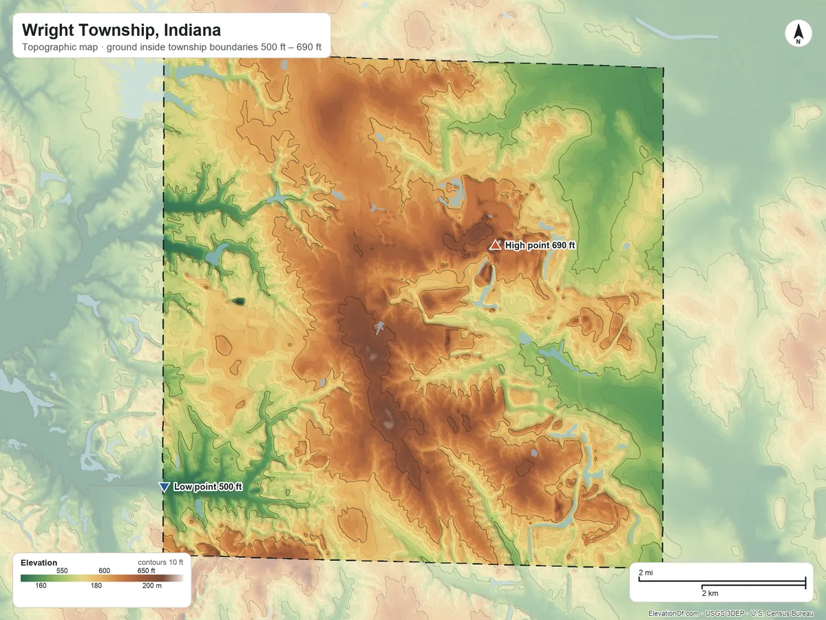 Topographic elevation map of Wright Township, Indiana, shaded from 500 ft on the southwest side to 690 ft on the east side