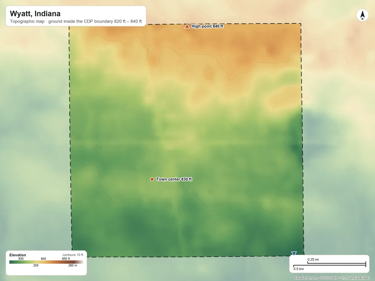 Topographic elevation map of Wyatt, Indiana, shaded from 820 ft on the southeast side to 840 ft on the north side