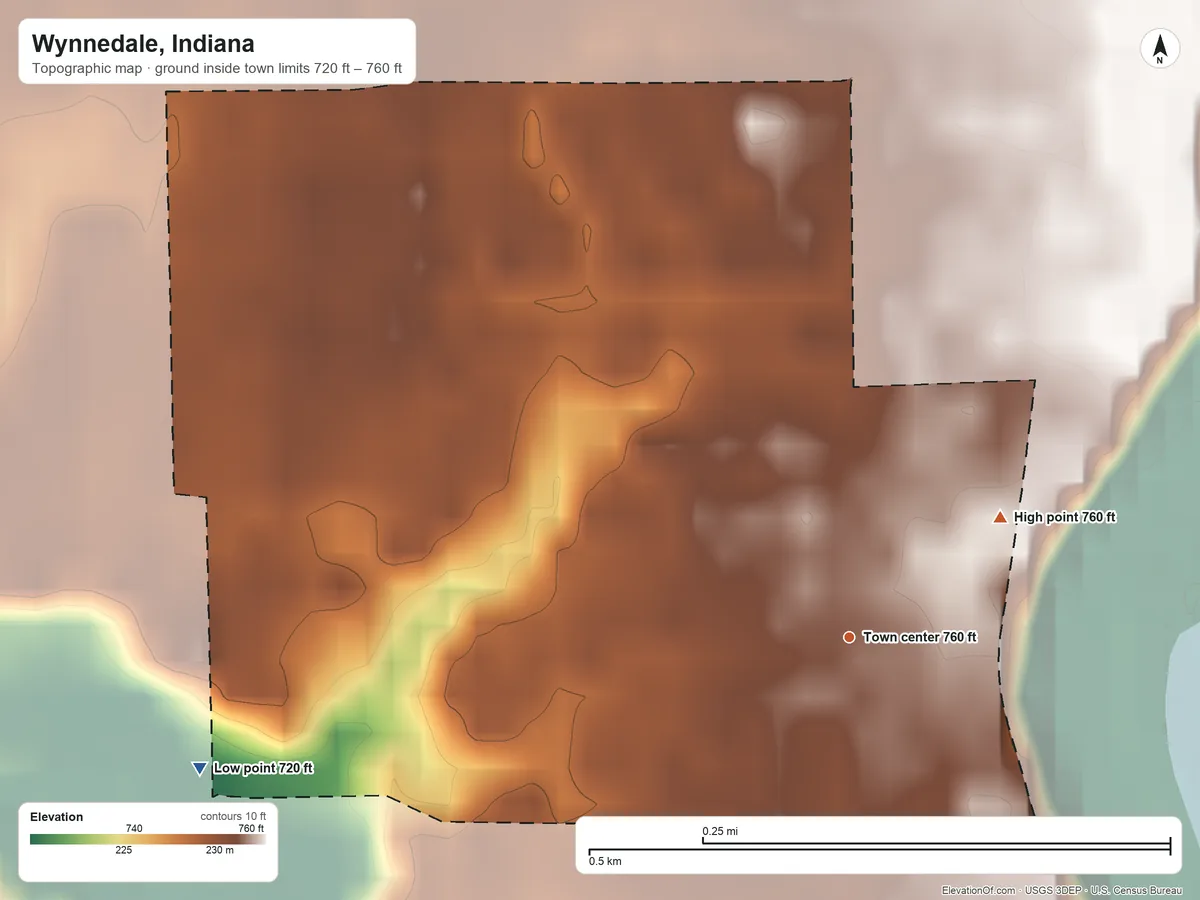 Topographic elevation map of Wynnedale, Indiana, shaded from 720 ft on the west side to 760 ft on the northeast side
