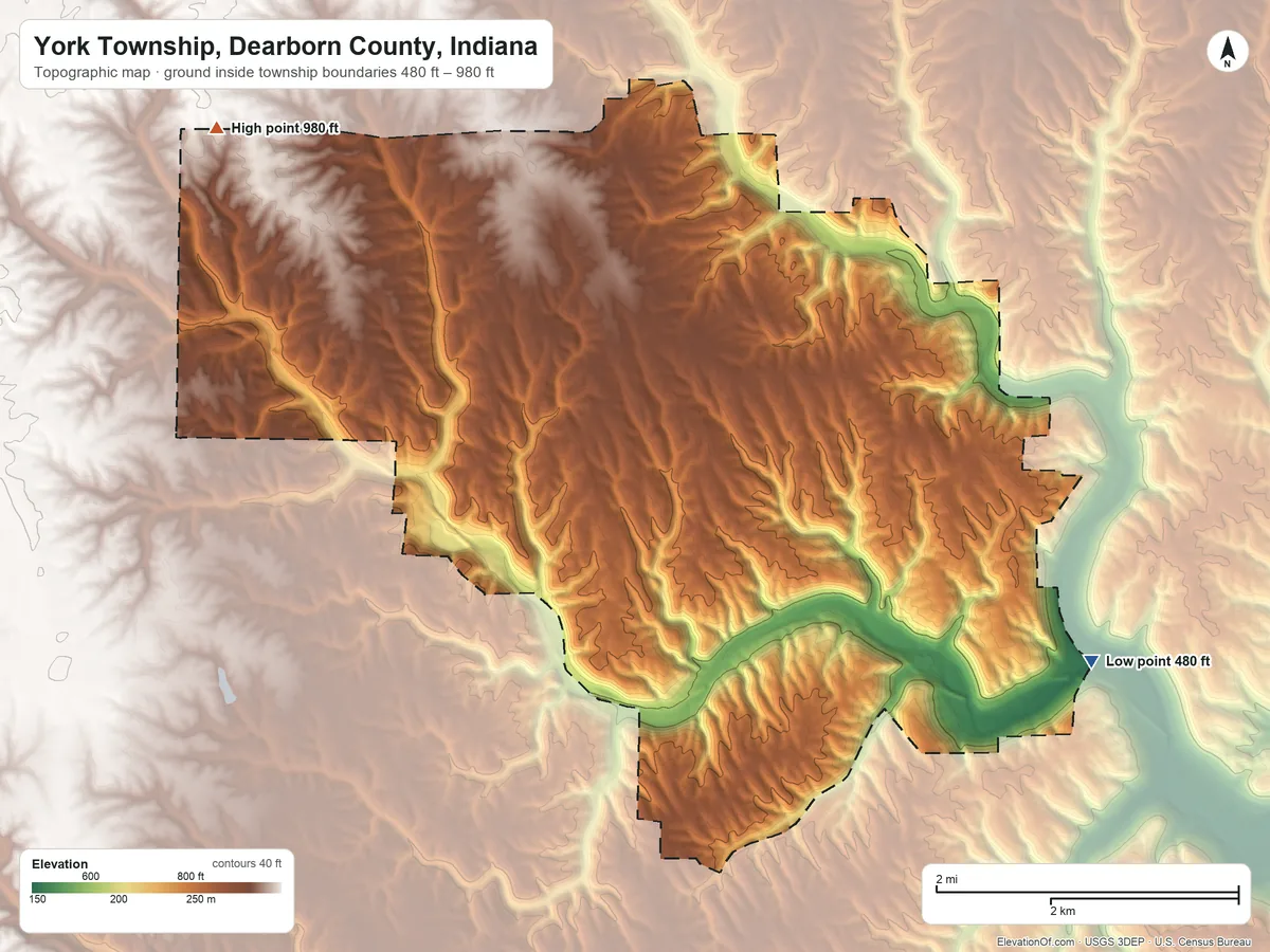Topographic elevation map of York Township, Dearborn County, Indiana, shaded from 480 ft on the southeast side to 980 ft on the northwest side