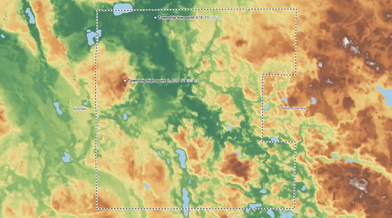 Topographic elevation map of York Township, Noble County, Indiana, shaded from 870 ft on the north side to 1,010 ft on the northwest side