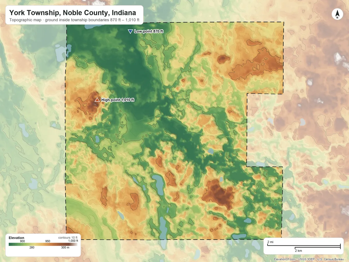 Topographic elevation map of York Township, Noble County, Indiana, shaded from 870 ft on the north side to 1,010 ft on the northwest side