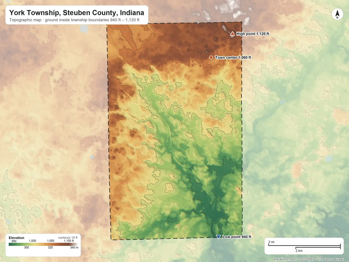 Topographic elevation map of York Township, Steuben County, Indiana, shaded from 940 ft on the south side to 1,120 ft on the northeast side