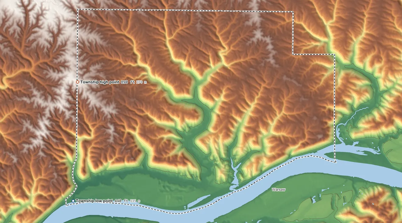 Topographic elevation map of York Township, Switzerland County, Indiana, shaded from 440 ft on the southwest side to 890 ft on the west side