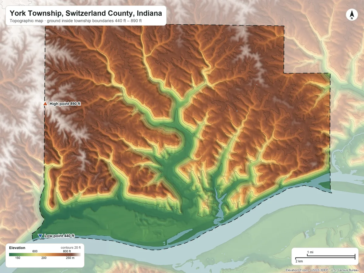 Topographic elevation map of York Township, Switzerland County, Indiana, shaded from 440 ft on the southwest side to 890 ft on the west side