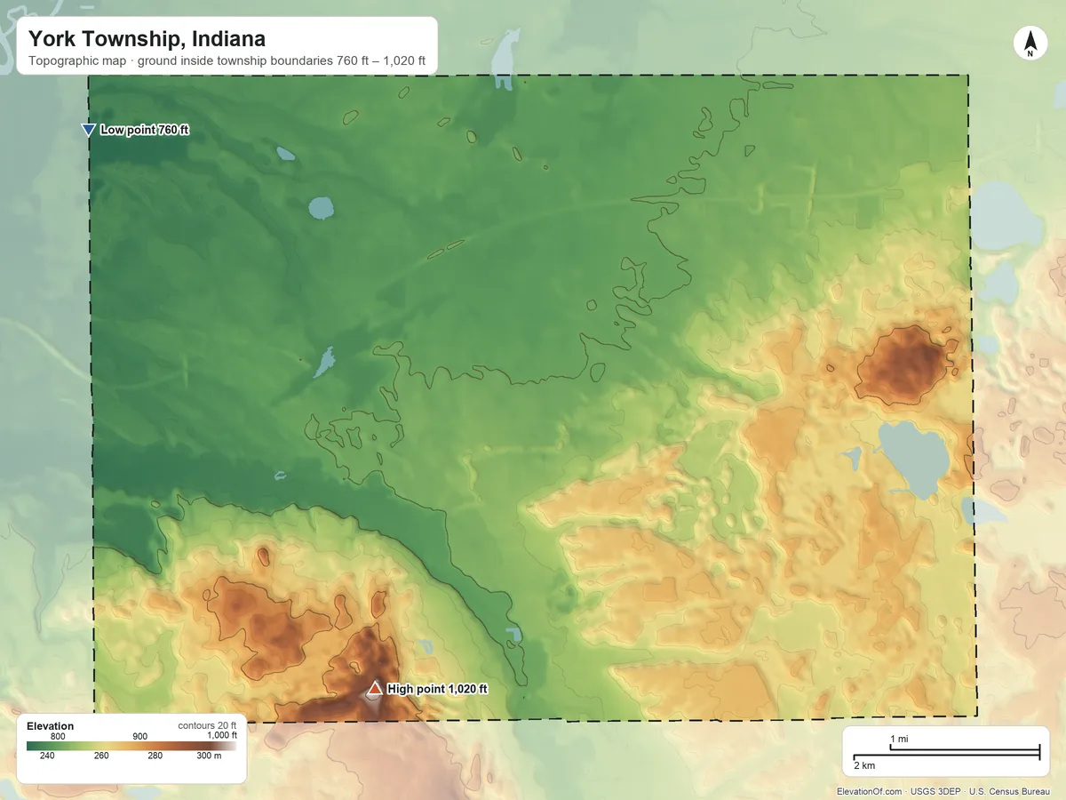 Topographic elevation map of York Township, Indiana, shaded from 760 ft on the northwest side to 1,020 ft on the southwest side