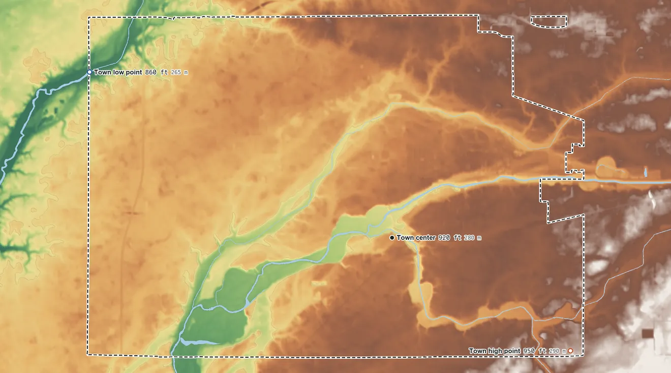 Topographic elevation map of Yorktown, Indiana, shaded from 860 ft on the northwest side to 950 ft on the southeast side