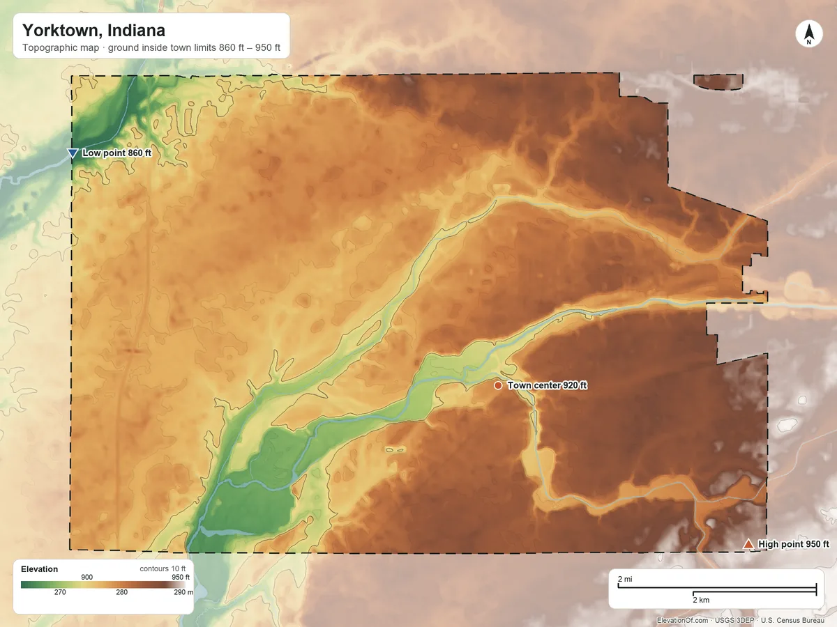 Topographic elevation map of Yorktown, Indiana, shaded from 860 ft on the northwest side to 950 ft on the southeast side