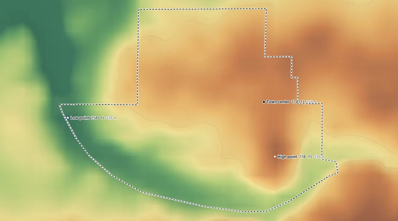 Topographic elevation map of Young America, Indiana, shaded from 750 ft on the west side to 770 ft on the south side