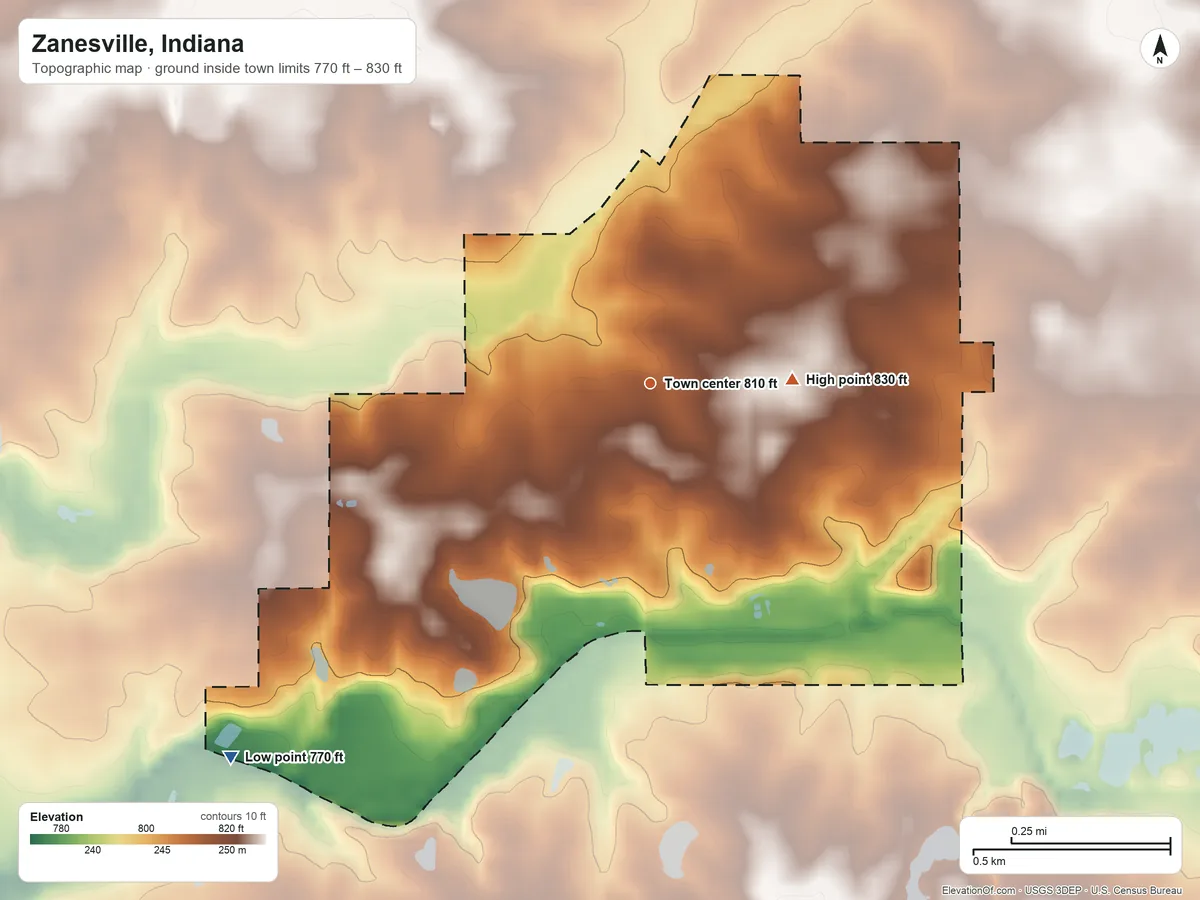 Topographic elevation map of Zanesville, Indiana, shaded from 770 ft on the southwest side to 830 ft on the east side