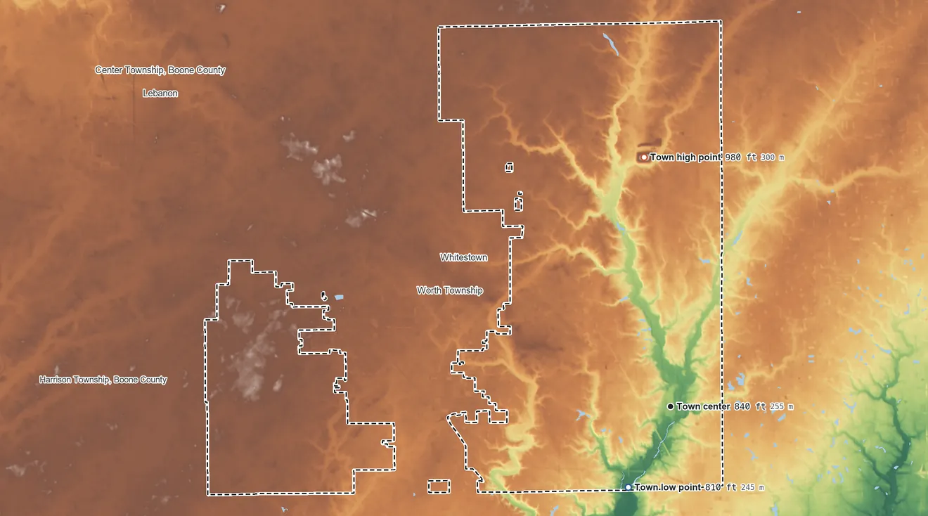 Topographic elevation map of Zionsville, Indiana, shaded from 810 ft on the southwest side to 980 ft on the north side