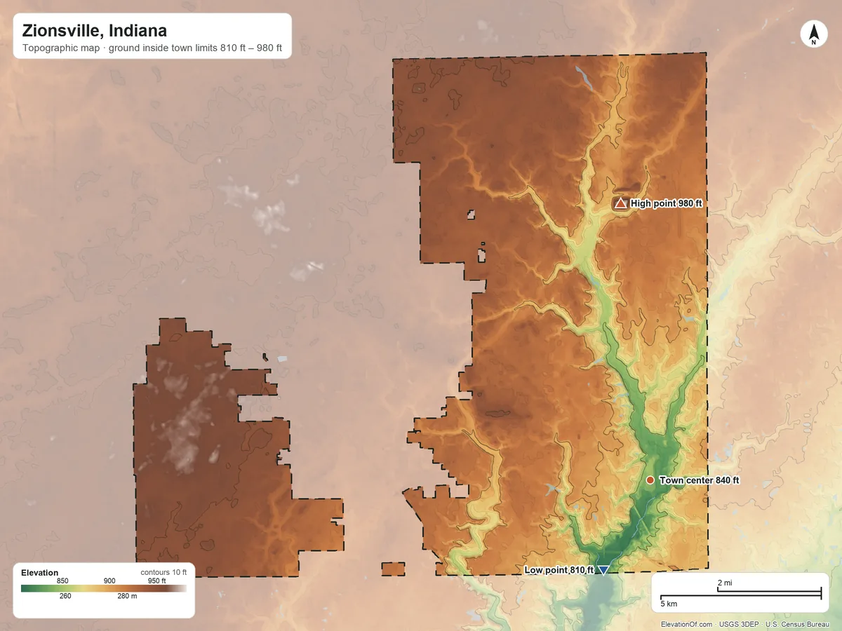 Topographic elevation map of Zionsville, Indiana, shaded from 810 ft on the southwest side to 980 ft on the north side