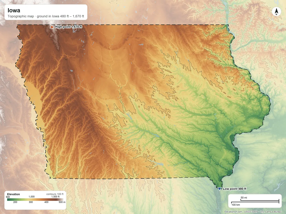 Topographic elevation map of Iowa, shaded from 480 ft on the southeast side to 1,670 ft on Hawkeye Point