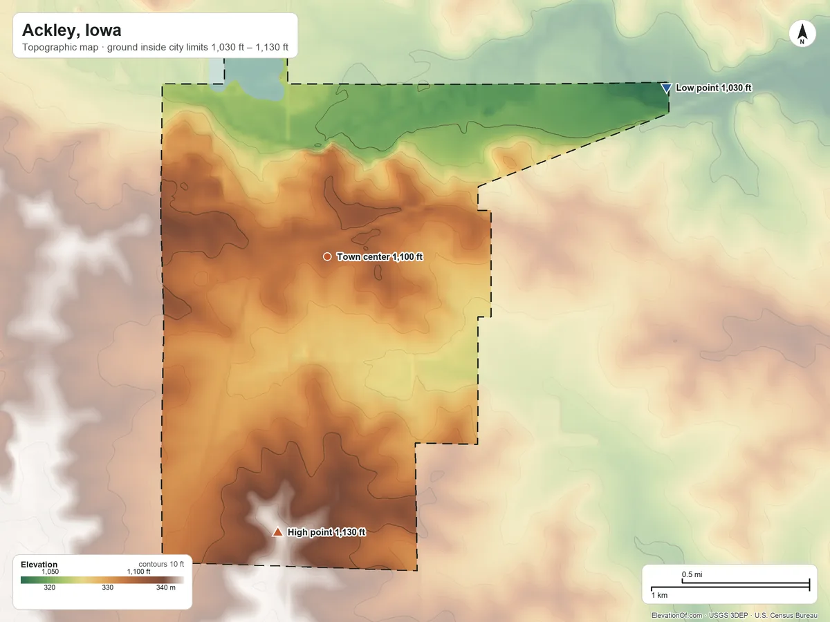 Topographic elevation map of Ackley, Iowa, shaded from 1,030 ft on the northeast side to 1,130 ft on the south side