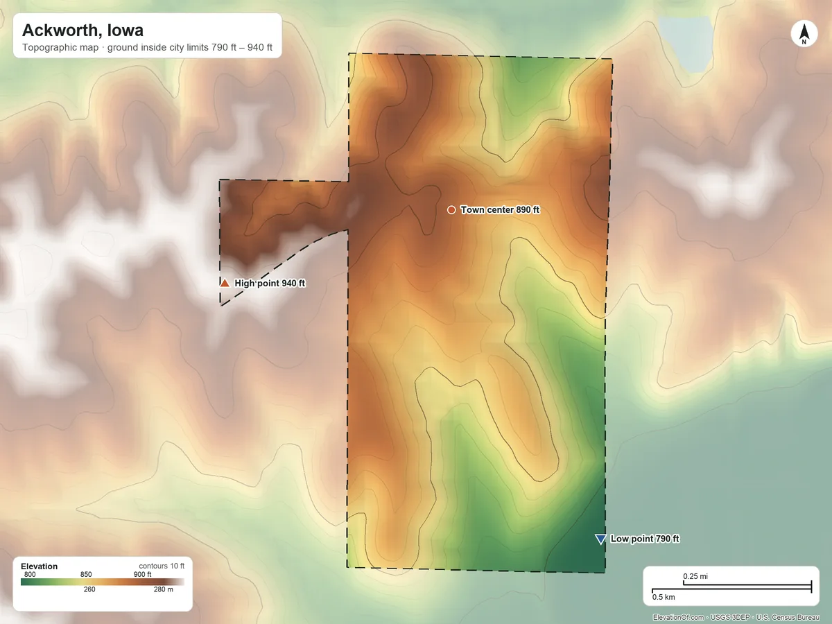 Topographic elevation map of Ackworth, Iowa, shaded from 790 ft on the southeast side to 940 ft on the west side