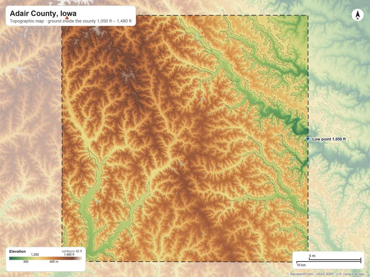 Topographic elevation map of Adair County, Iowa, shaded from 1,050 ft on the east side to 1,480 ft on the northwest side