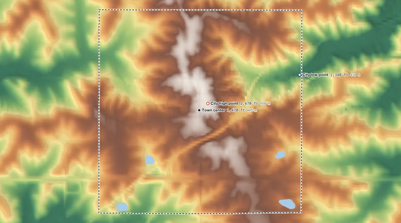 Topographic elevation map of Adair, Iowa, shaded from 1,340 ft on the east side to 1,470 ft near the middle