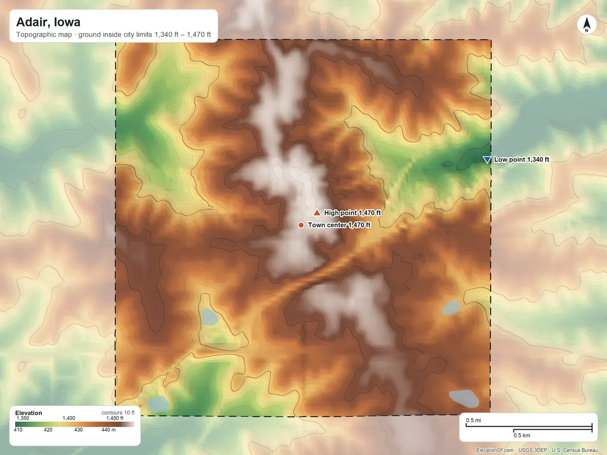 Topographic elevation map of Adair, Iowa, shaded from 1,340 ft on the east side to 1,470 ft near the middle