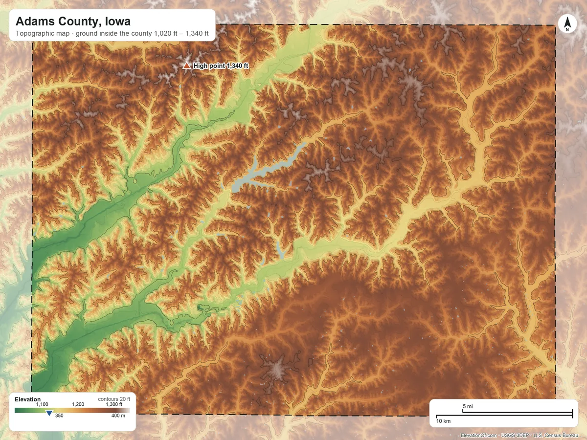 Topographic elevation map of Adams County, Iowa, shaded from 1,020 ft on the southwest side to 1,340 ft on the northwest side