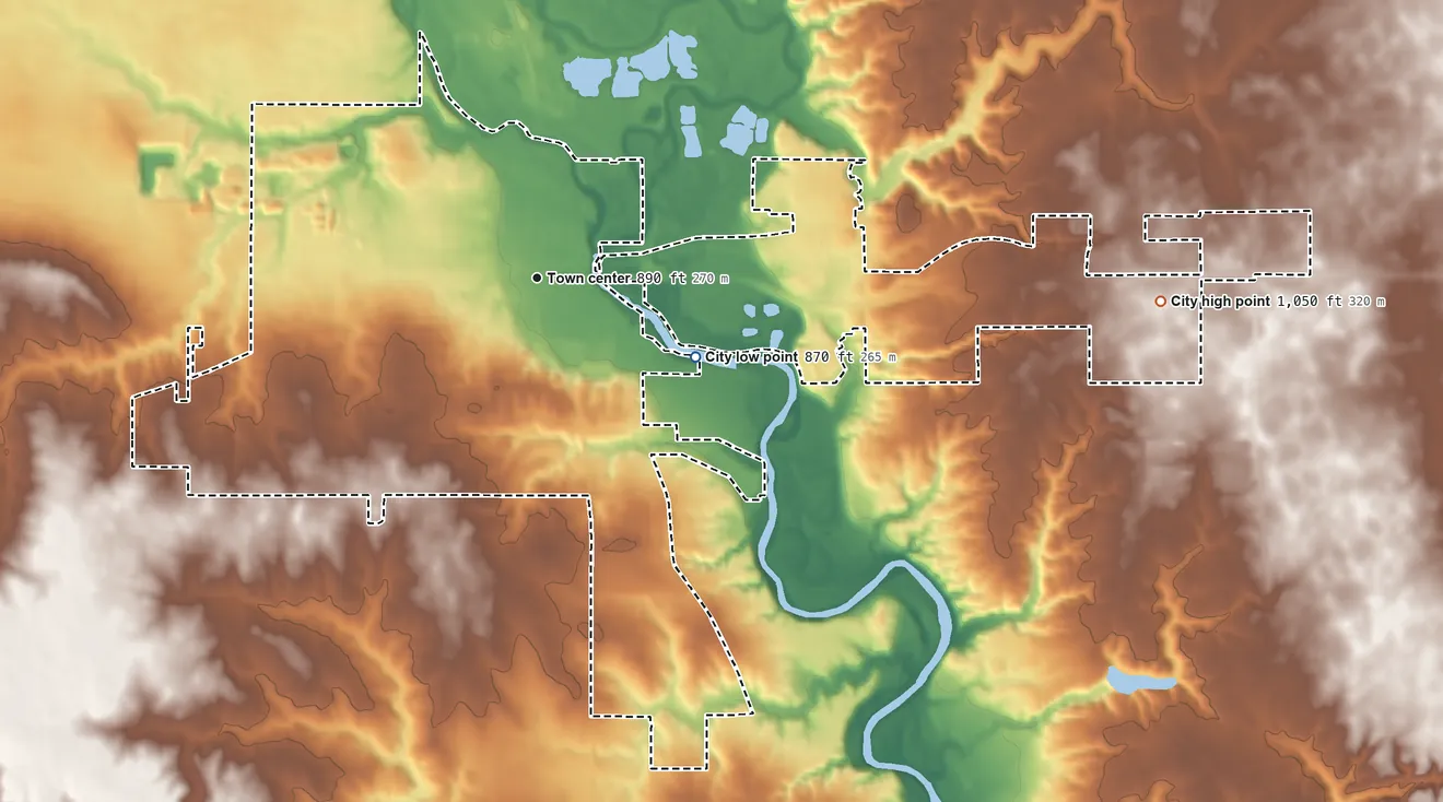 Topographic elevation map of Adel, Iowa, shaded from 870 ft on the southeast side to 1,050 ft on the east side