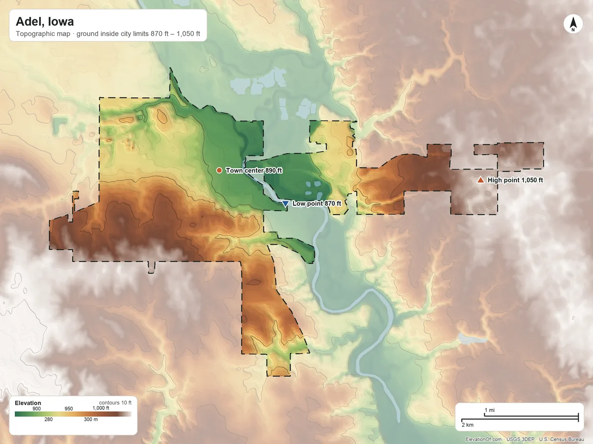 Topographic elevation map of Adel, Iowa, shaded from 870 ft on the southeast side to 1,050 ft on the east side